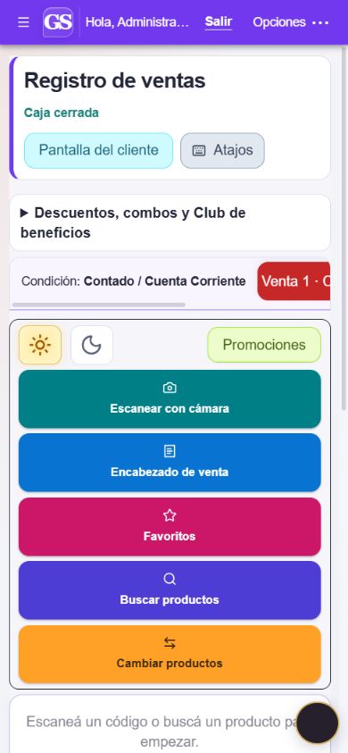 Registro de ventas de GS en celular, con botones adaptados a la pantalla táctil